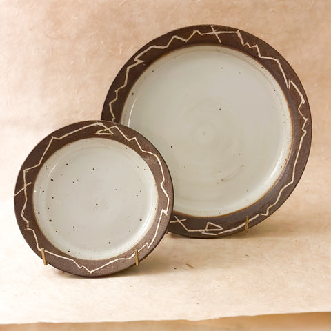 two piece plate dinnerware set. dark brown an white handmade ceramic plates.