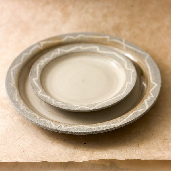 two piece plate dinnerware set. grey and white handmade ceramic plates.