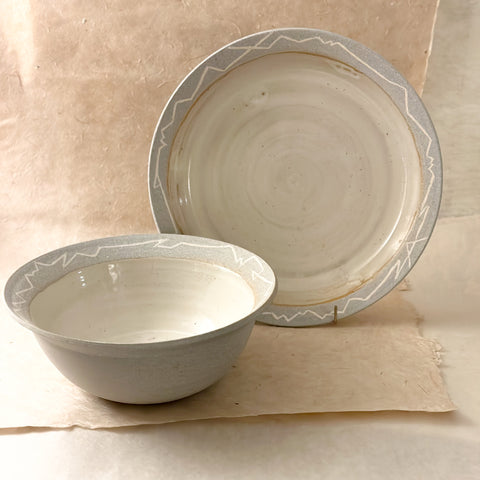 large serving bowl and platter. Grey and white with line design. 