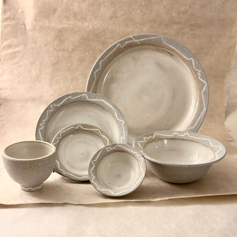 Grey and white sixe piece dinnerware set. handmade ceramic dinnerware.