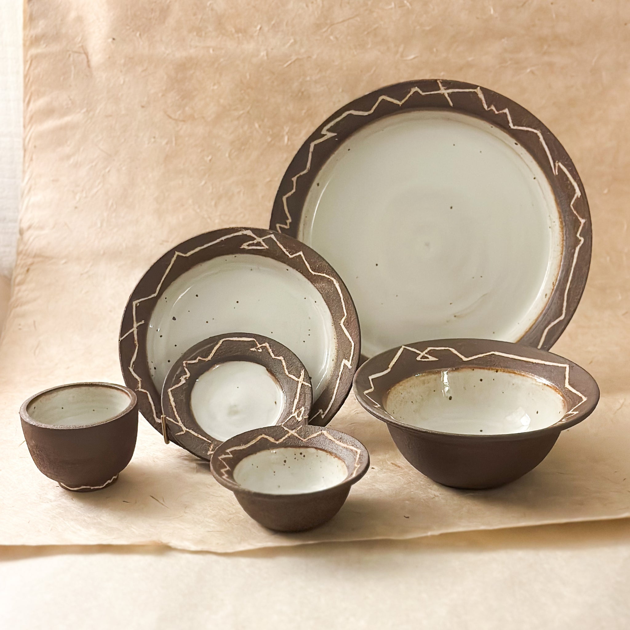 six piece dinnerware set. dark brown and white handmade ceramic dinnerware set. 