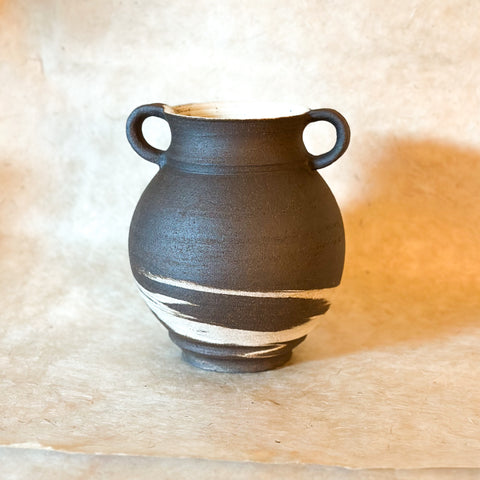 two handled moon vase. dark brown and white handmade ceramic moon vase. 