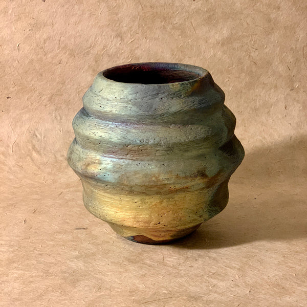 rainbow angled moon vase. Rainbow raku vase. olivia snow ceramics