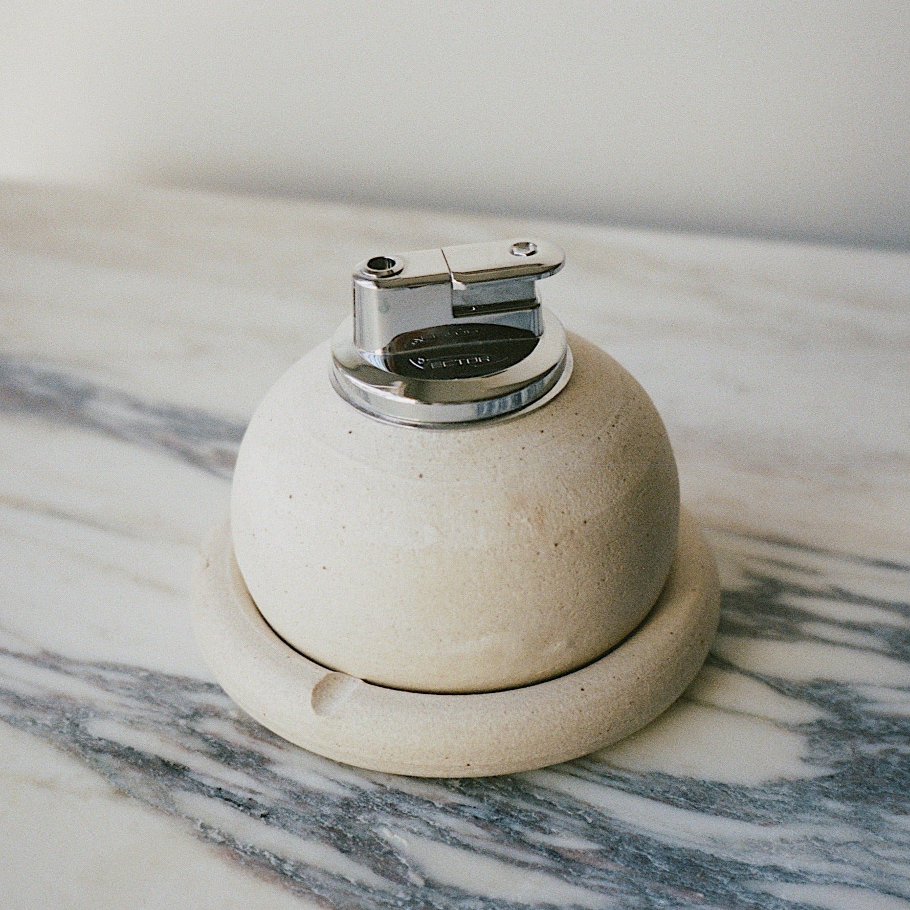 creme/stone white table ligher and ashtray. handmade ceramic table lighter and ash tray. pebble lighter. 