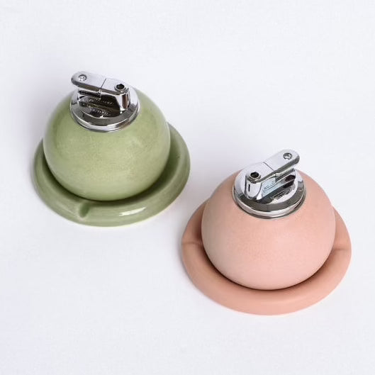 Pink and green handmade ceramic table lighter. Pebble lighter.
