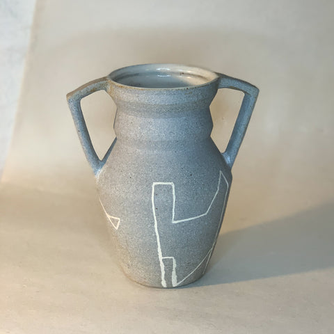 Grey Angled Two Handled Vase with White line grpahic